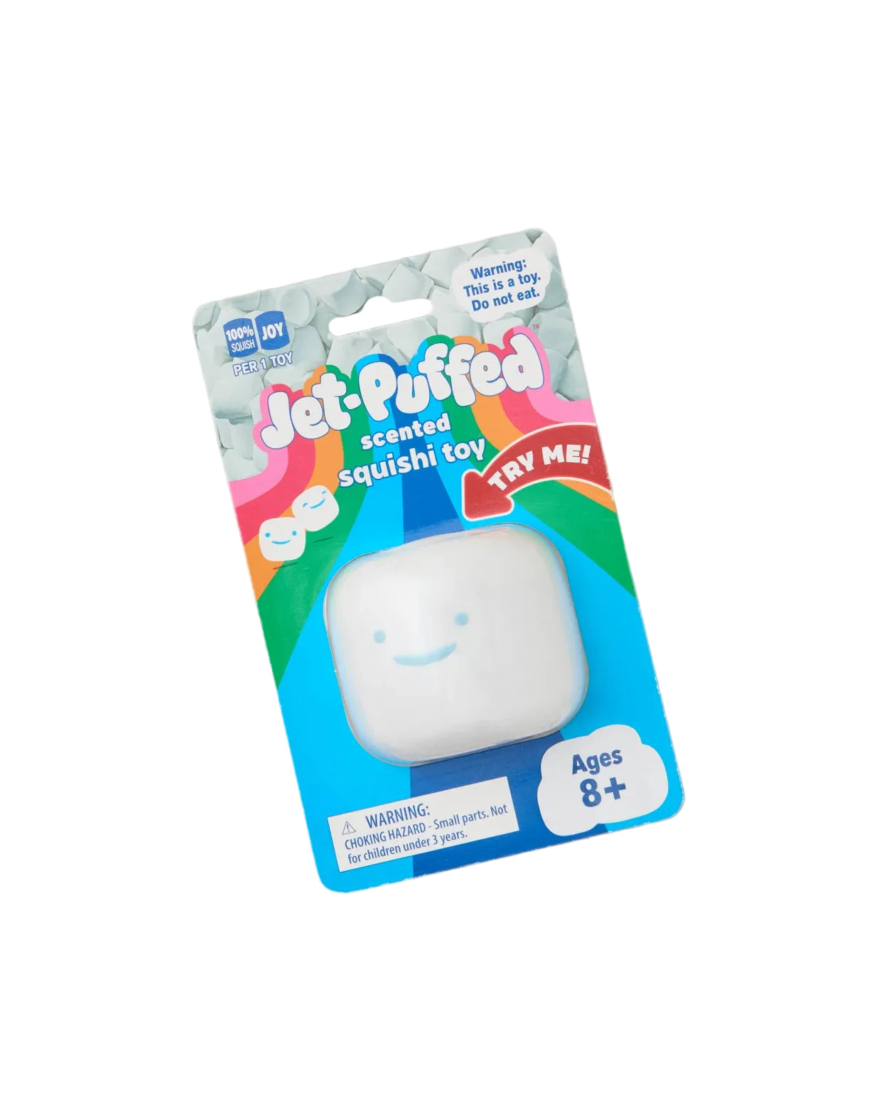 A packaged Jet-Puffed scented squishy toy in its retail blister packaging, photographed on a plain light beige background. The product is a small white rounded squishy with a simple smiley face, and the packaging prominently shows the Jet-Puffed brand and age rating.