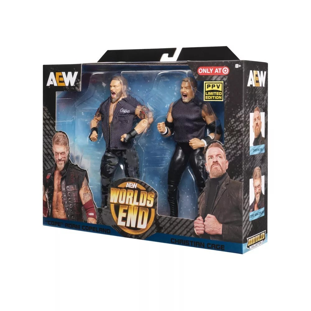 Boxed set of AEW wrestling figures with packaging featuring characters and branding.