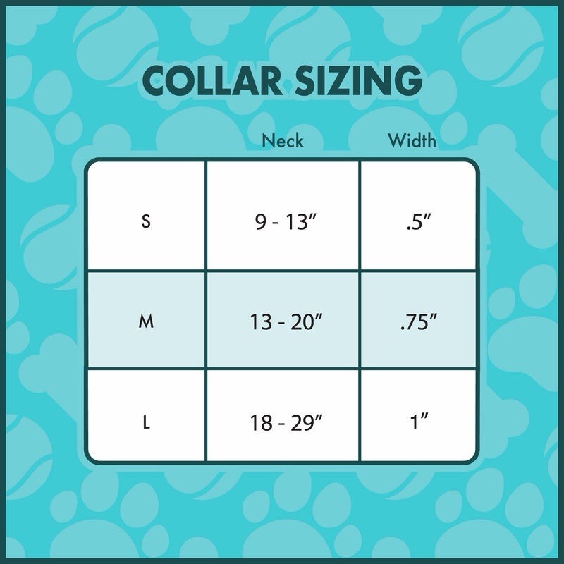 Collar sizing chart with neck width and width measurements on a blue background