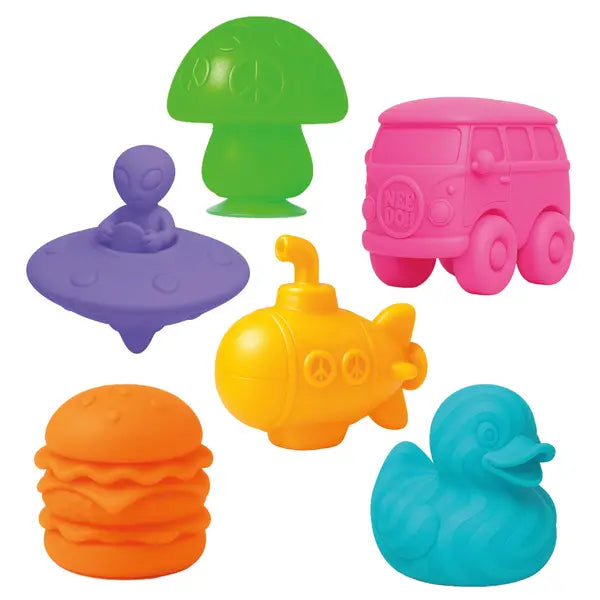 Set of colorful bath toys including a mushroom, van, alien, submarine, hamburger, and duck on a white background.