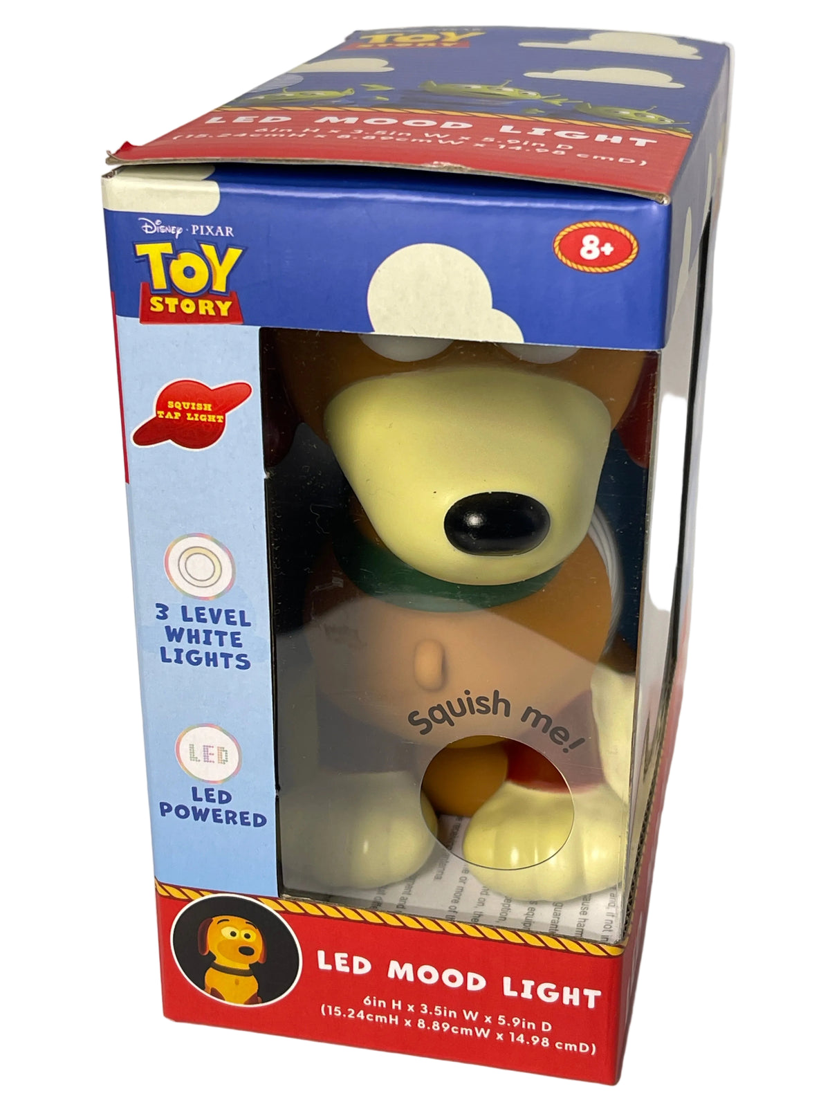 A boxed Toy Story Snoopy LED mood light toy, showing the product inside its retail packaging with a blue, red, and white design and a clear window.