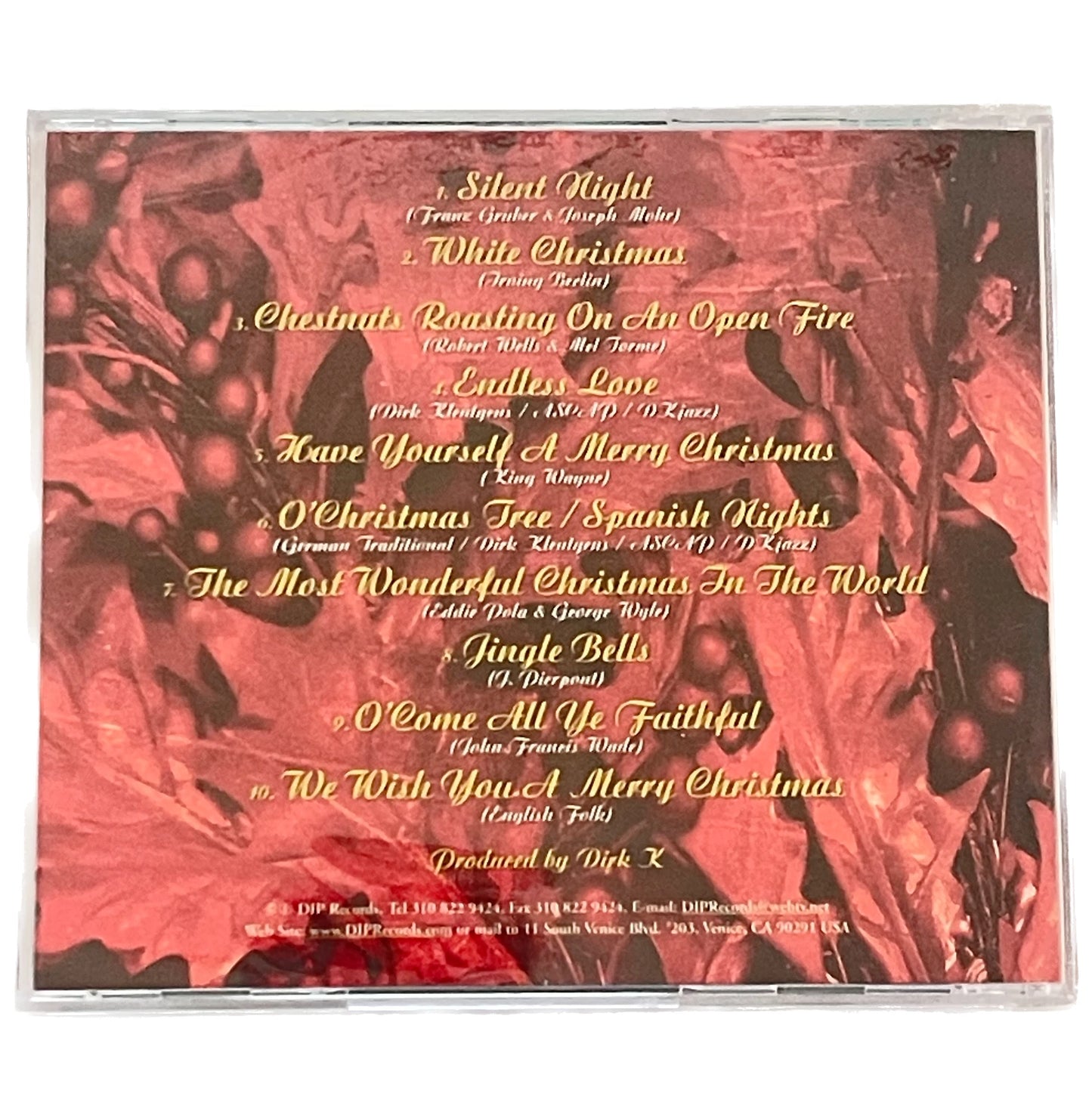CD cover with Christmas-themed design and song list on a red and black background