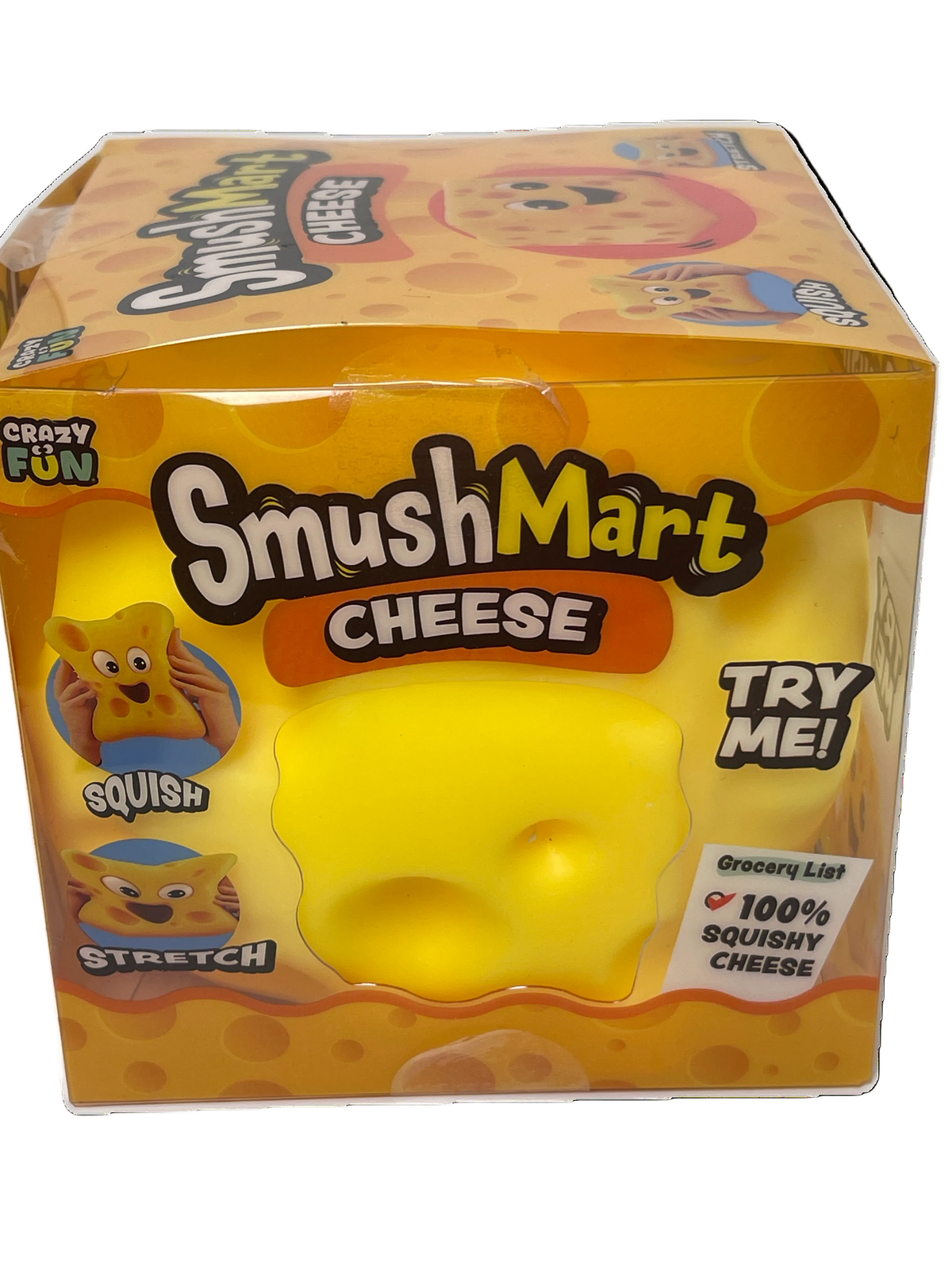 Smush Mart Cheese packaging with a yellow cheese-shaped toy on a white background
