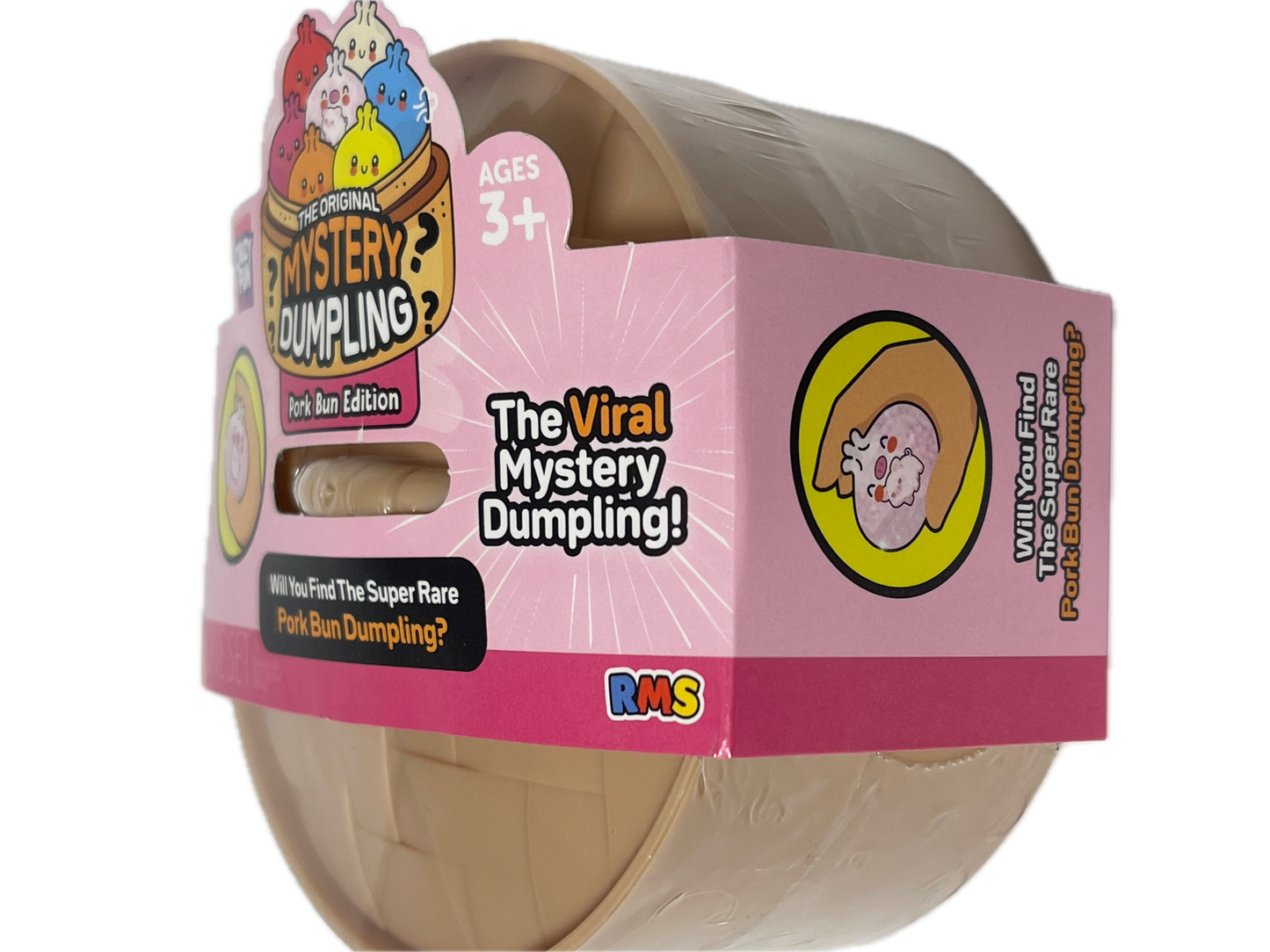 A packaged toy product labeled 'Original Mystery Dumpling Pork Bun Edition' with a pink cardboard wrap around a round beige dumpling. The packaging includes text such as 'The Viral Mystery Dumpling!' and a visible RMS logo, photographed on a plain white background.