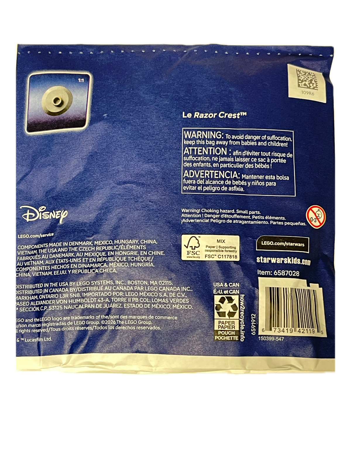 The back of a blue Disney Le Razoir Crèg bag, showing product information, a barcode, recycling symbols, and the Disney logo, photographed against a white background.
