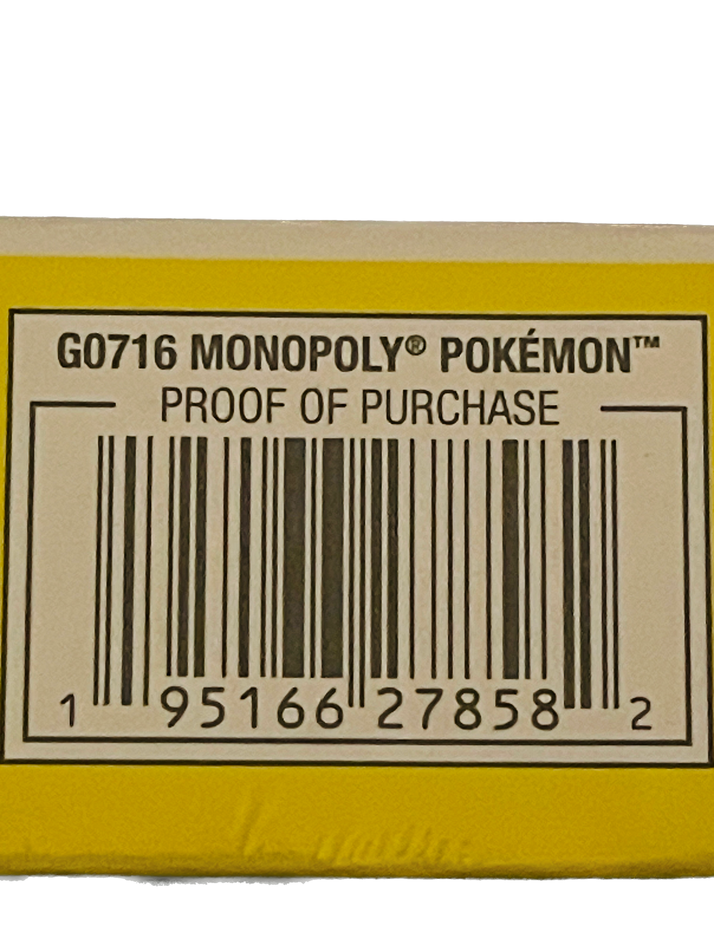 Monopoly Pokémon proof of purchase with barcode and text on a yellow background