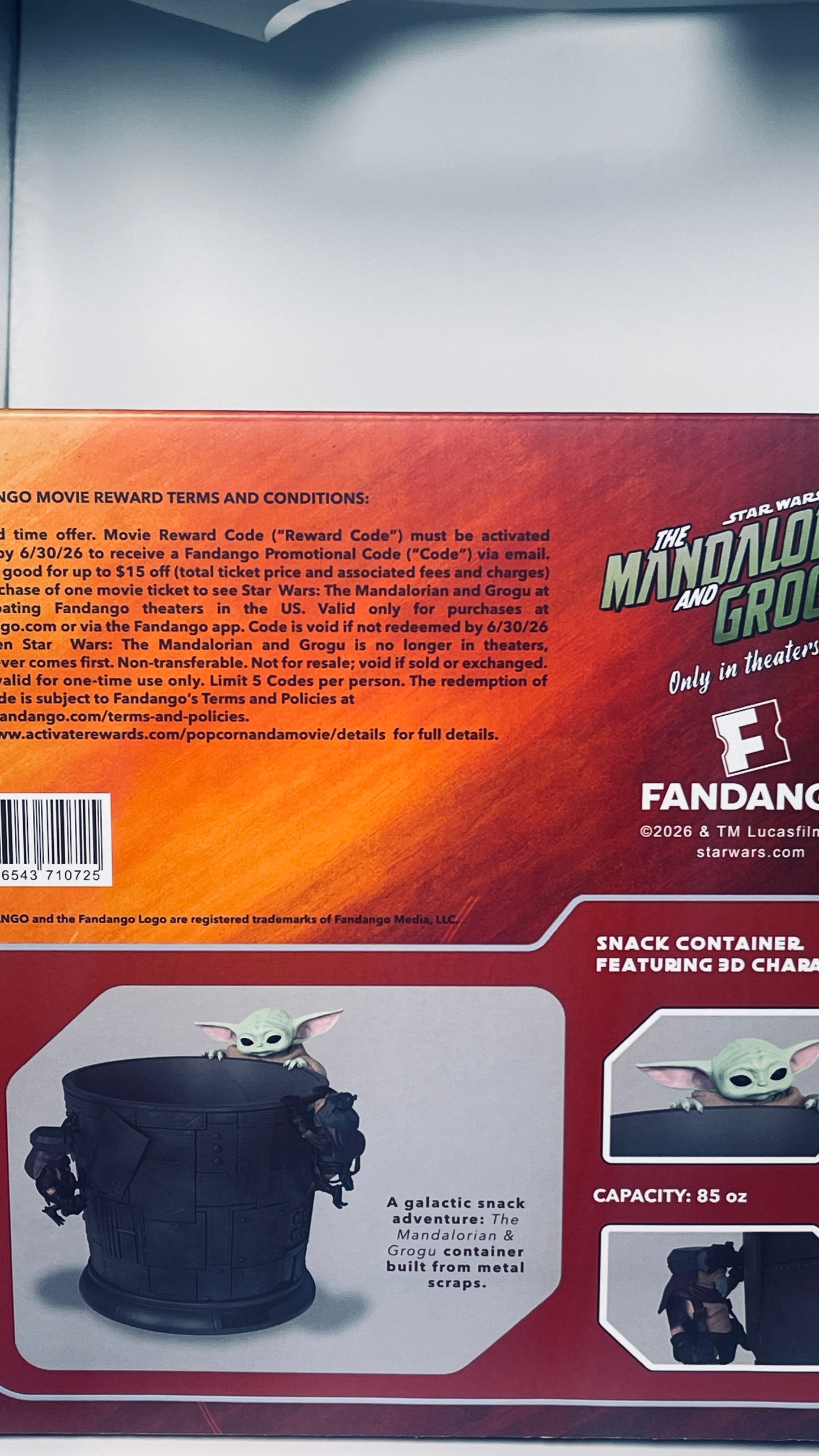 Product packaging with 'The Mandalorian' and 'Fandango' branding on a white background.