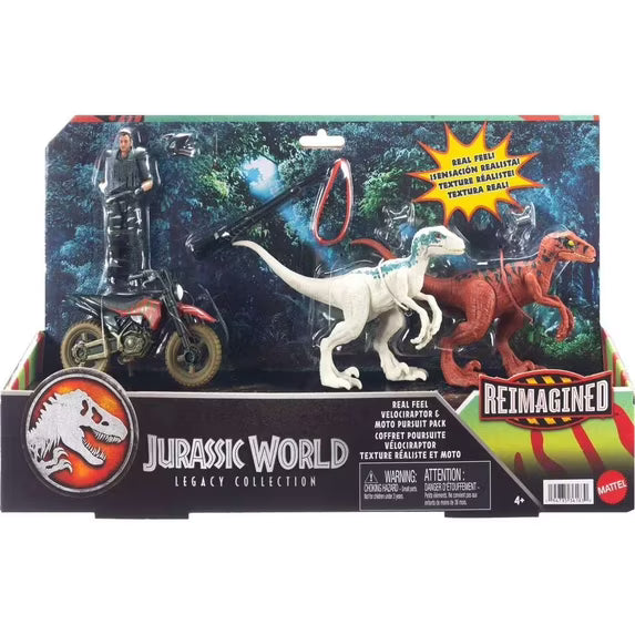 Jurassic World Reimagined Velociraptor & Moto Pursuit Pack | Real Feel Action Figure 3-Pack