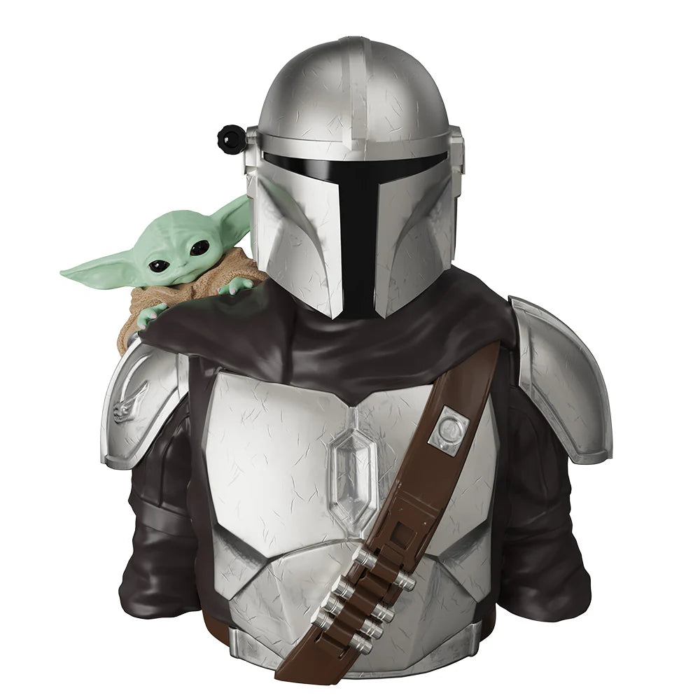 Bust of a character from 'The Mandalorian' holding Baby Yoda on a white background