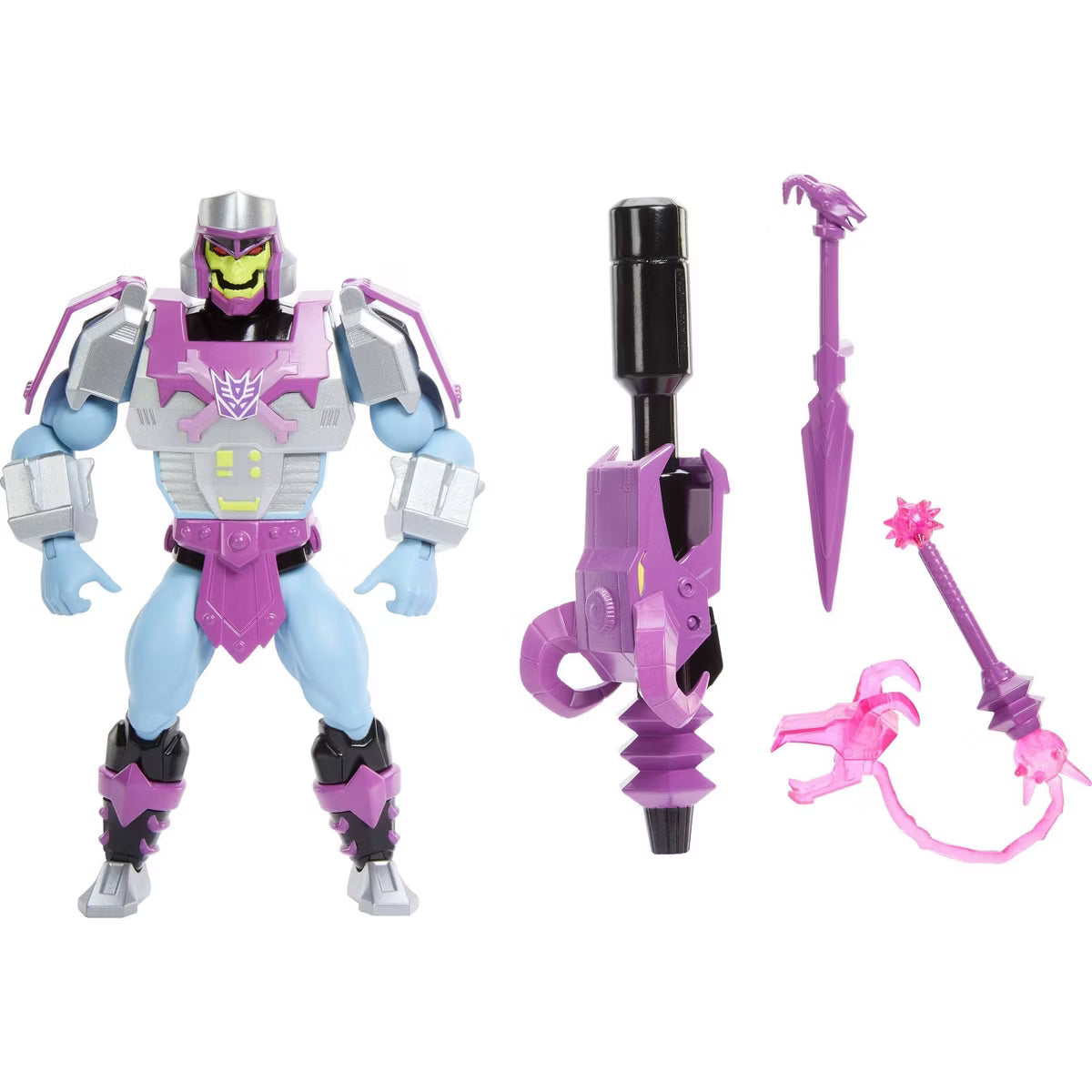 Toy figure with purple and gray armor and weapons on a white background