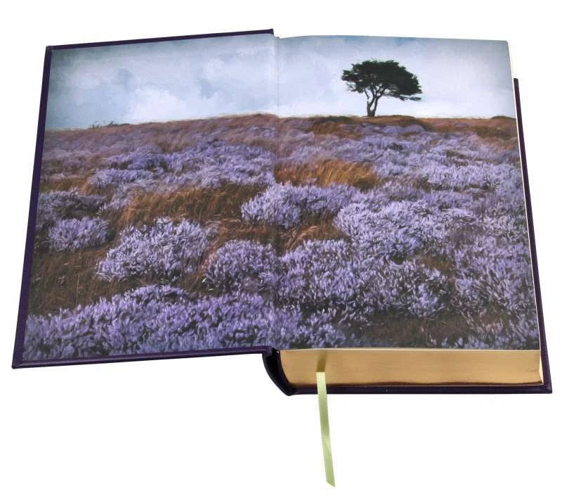 Book with a landscape of a tree on a hill and purple flowers on a white background