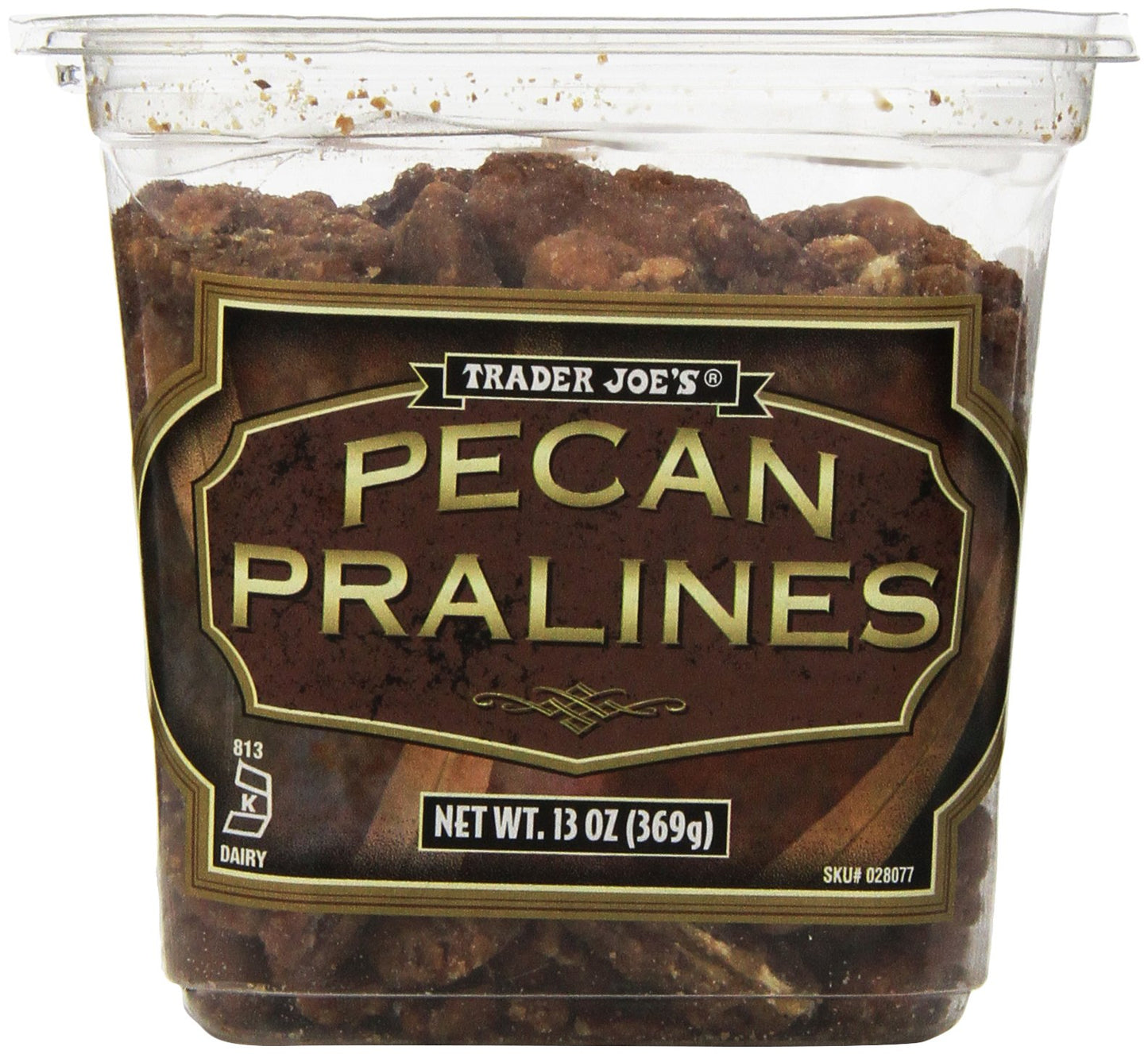 Container of Trader Joe's Pecan Pralines on a white background