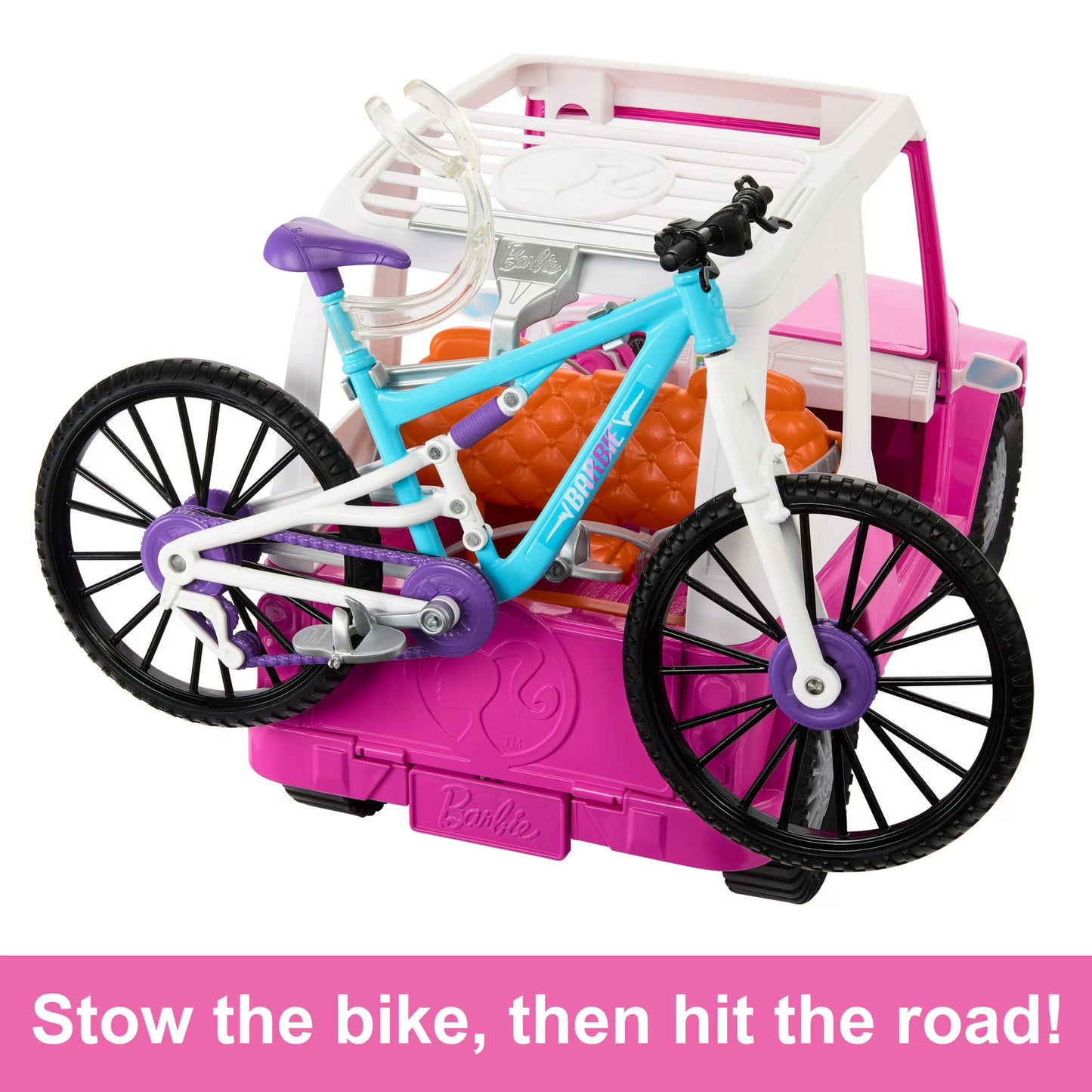 Barbie bike and car set with a pink car and blue bike on a white background