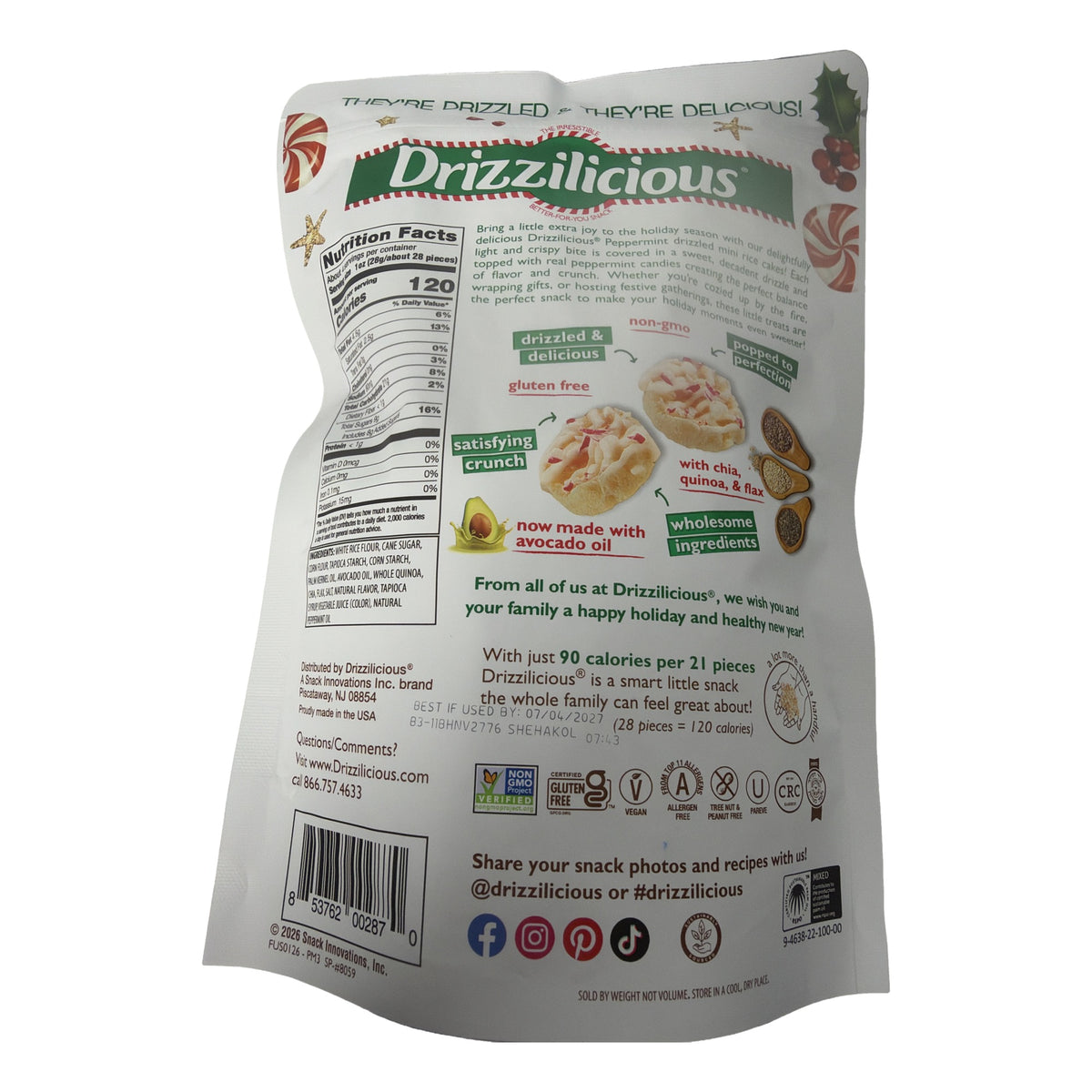 Drizzilicious Peppermint Bites 4 oz bag back with ingredients