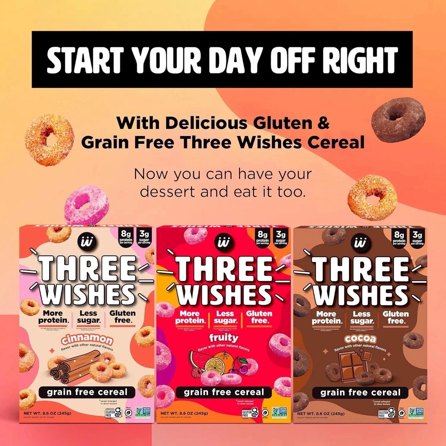 Three Wishes - Plant-Based & Vegan Cereal-Multi-Flavor (3 Pack - one of each flavor)