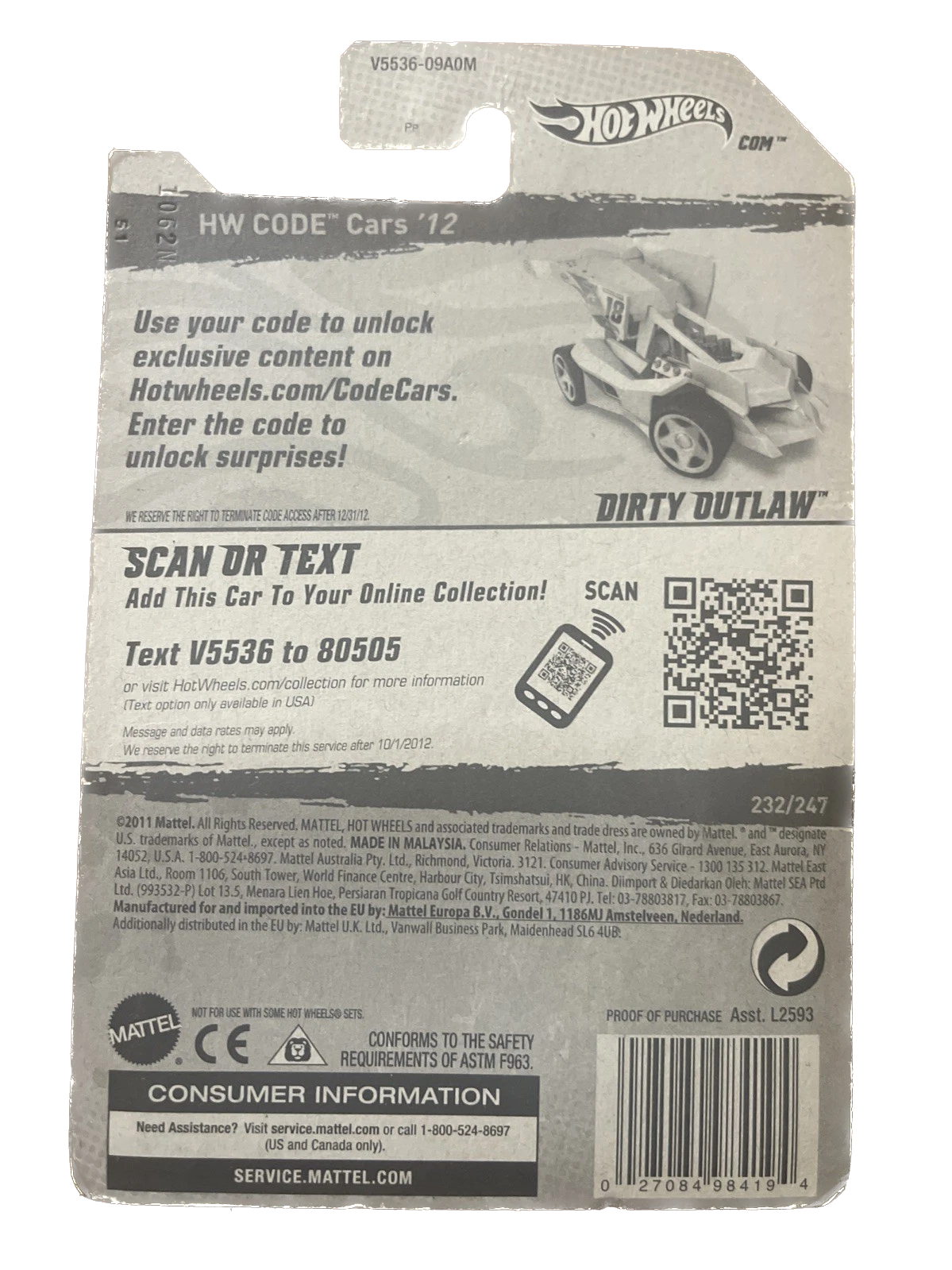 2012 Hot Wheels DIRTY OUTLAW Yellow Green 232/247 GREAT CARD Code Cars
