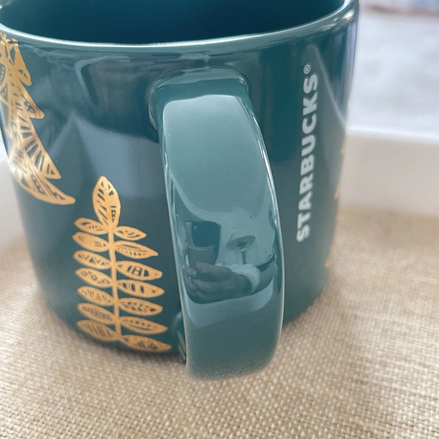 2015 Starbucks Mug 14 Oz. Green & Gold Trees Christmas Edition