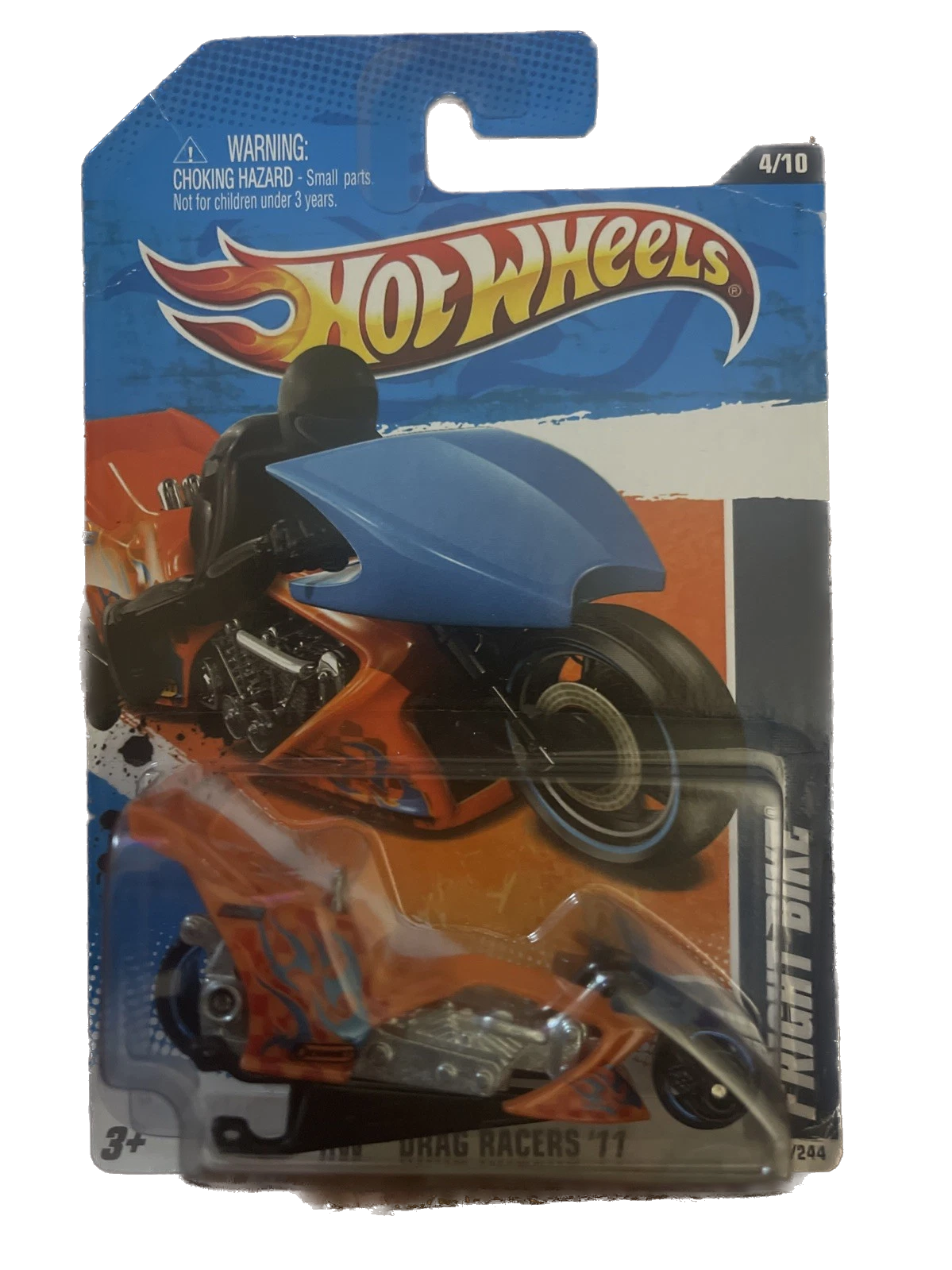 2011 Hot Wheels FRIGHT BIKE HW Drag Racers 4/10 Orange #124 Blue Chrome MC5's