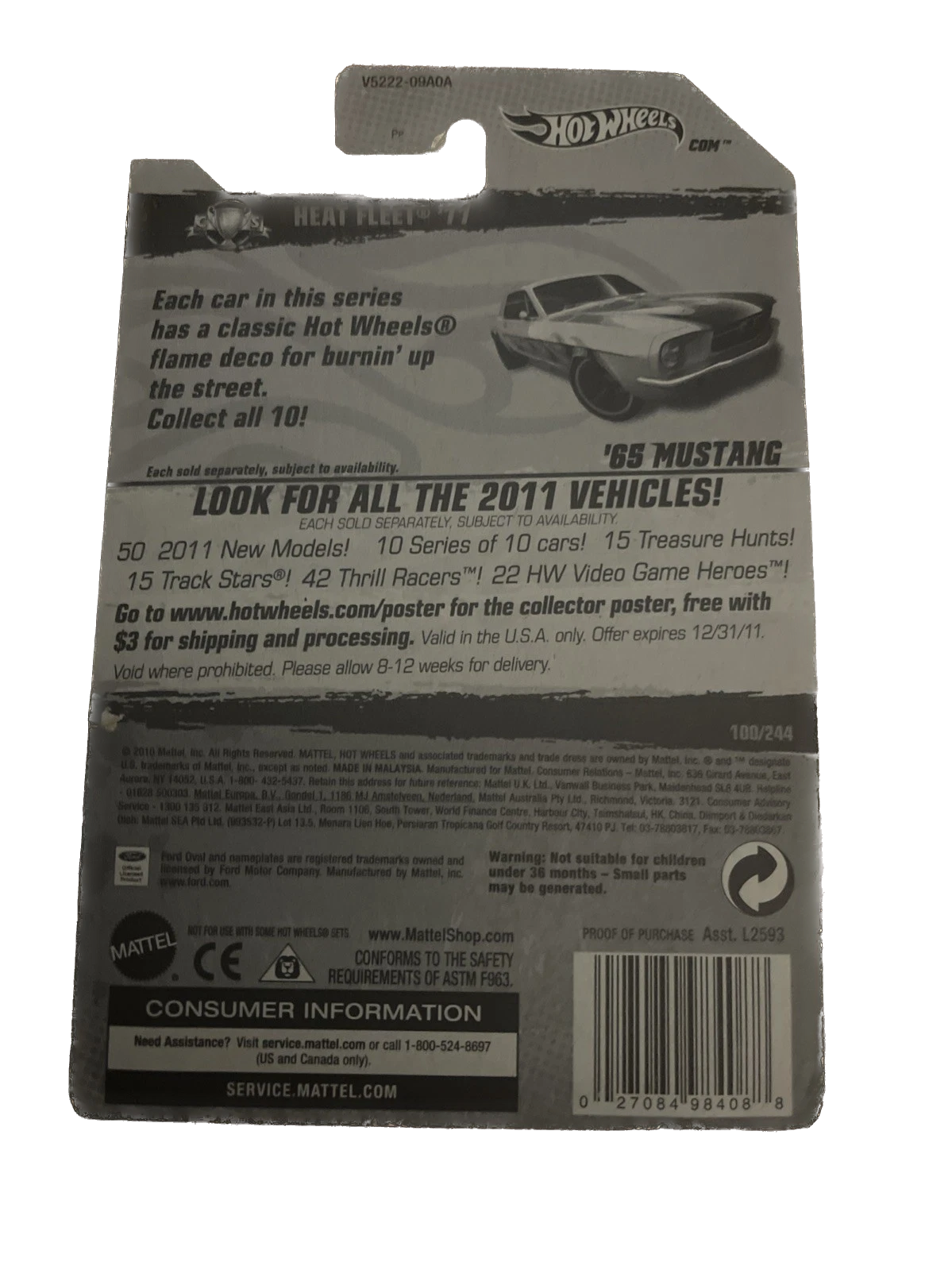 2011 Hot Wheels Heat Fleet #100 '65 Mustang Yellow w/ flames Opening Hood NIP