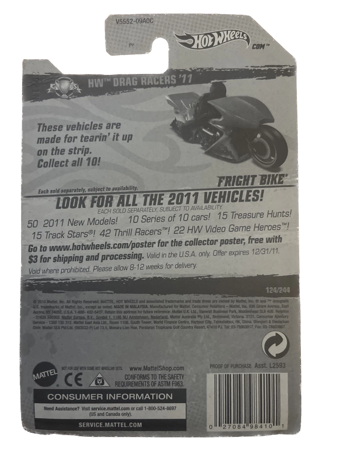 2011 Hot Wheels FRIGHT BIKE HW Drag Racers 4/10 Orange #124 Blue Chrome MC5's