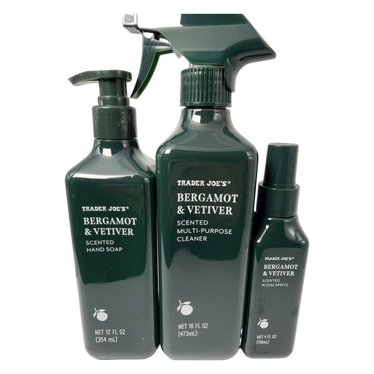 Trader Joe's | Bergamot & Vetiver 3-Piece Set | 12 fl oz Hand Soap + 16 fl oz Multi-Purpose Cleaner + 4 fl oz Room Spritz