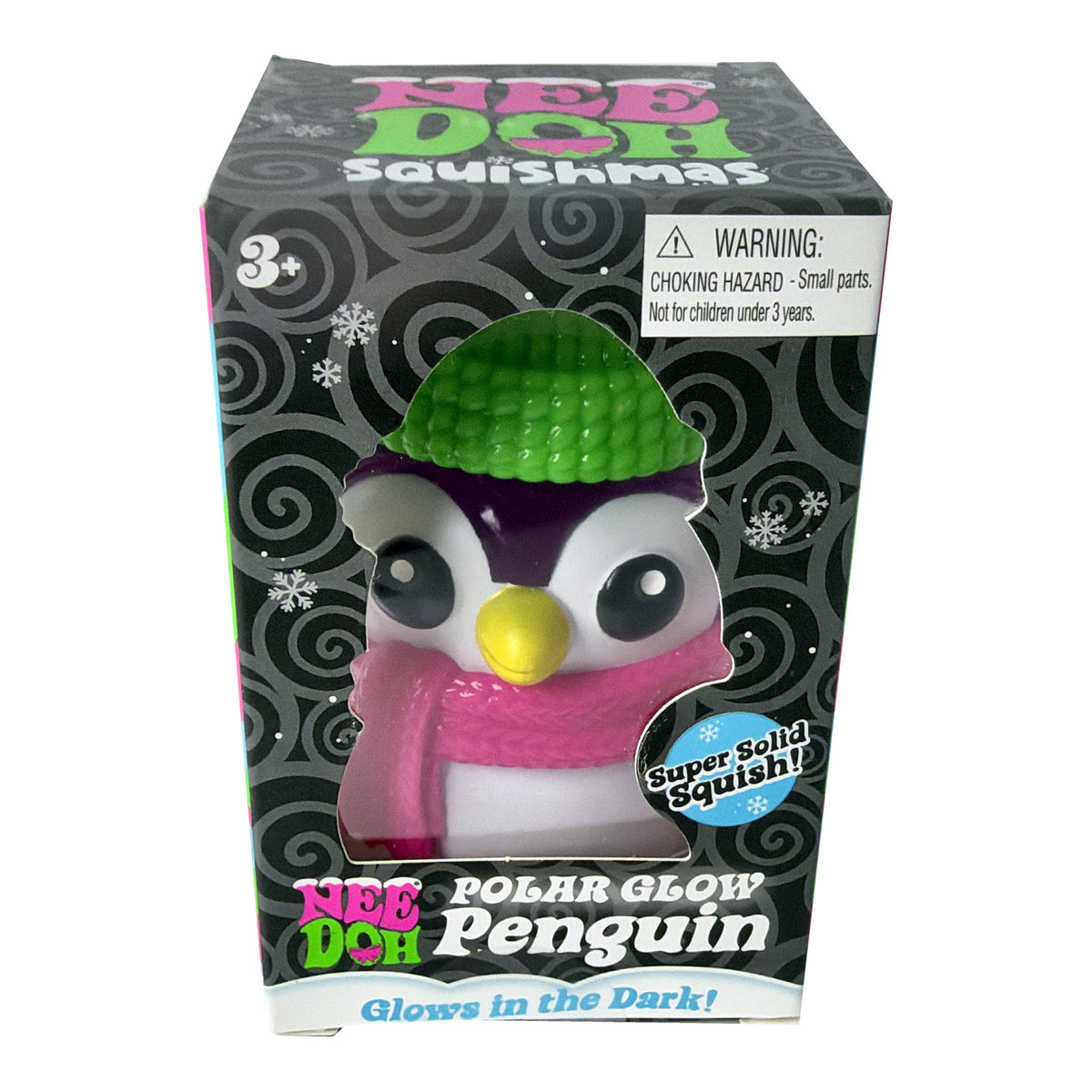 A boxed Nee Doh Glow Penguin squishmallow toy, shown in its original retail packaging with a warning label and product name on the front.