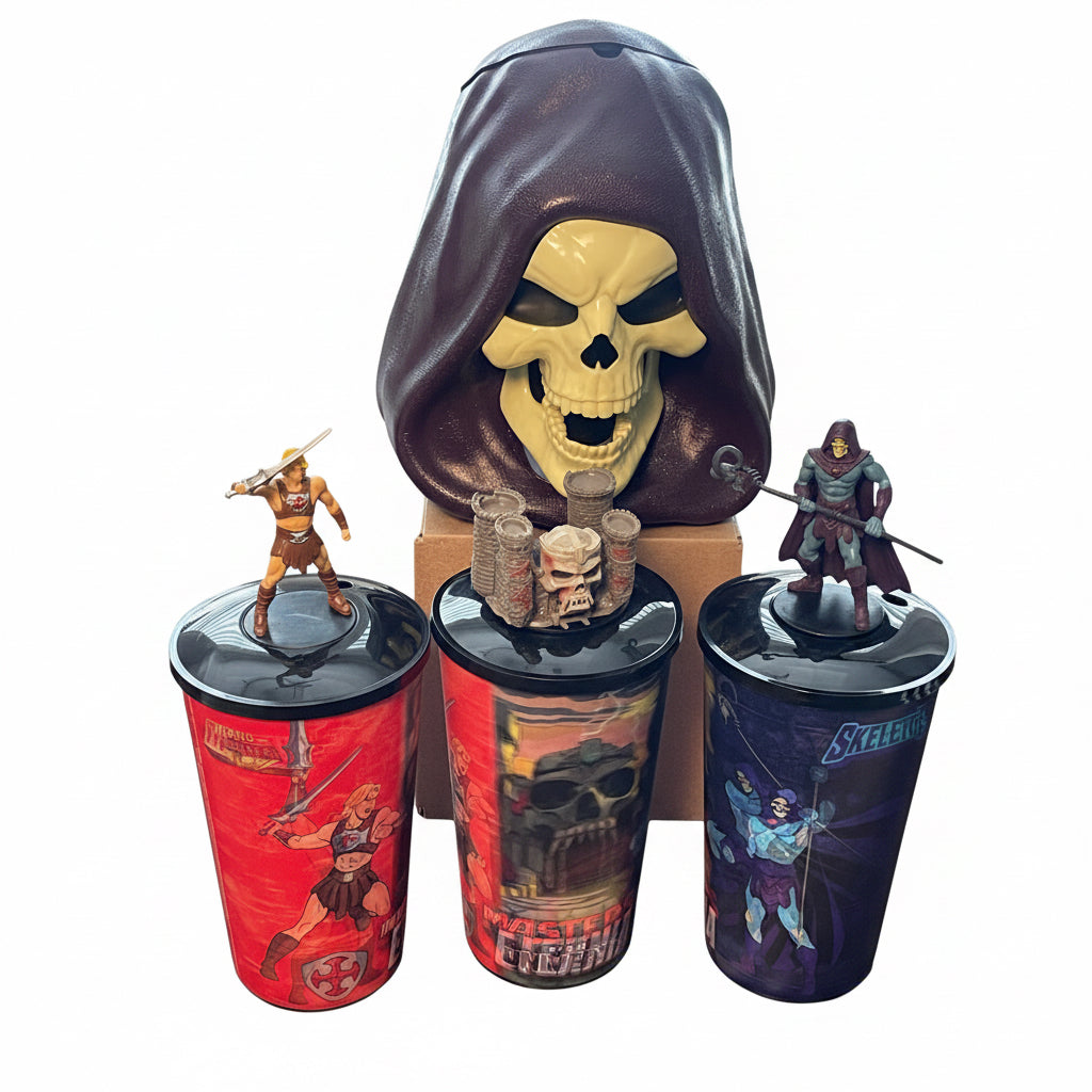 Masters of the Universe Set | Popcorn Bucket with Light Up Eyes & Lenticular Cups (Skeletor, He-Man, & Grayskull)