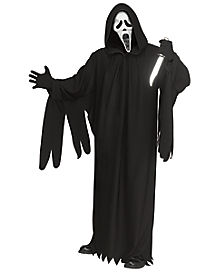 A person wearing a Ghostface-style Halloween costume with a long black hooded robe, black mask, and black tattered sleeves, shown against a plain white background.