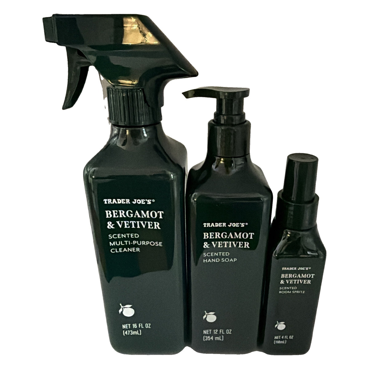 Trader Joe's | Bergamot & Vetiver 3-Piece Set | 12 fl oz Hand Soap + 16 fl oz Multi-Purpose Cleaner + 4 fl oz Room Spritz