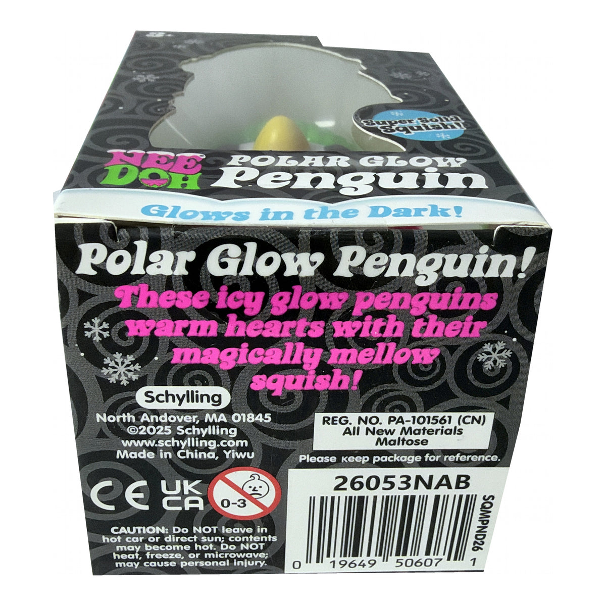 Schylling brand 'Polar Glow Penguin' toy packaging box, showing the back panel with product details, barcode, and safety information.