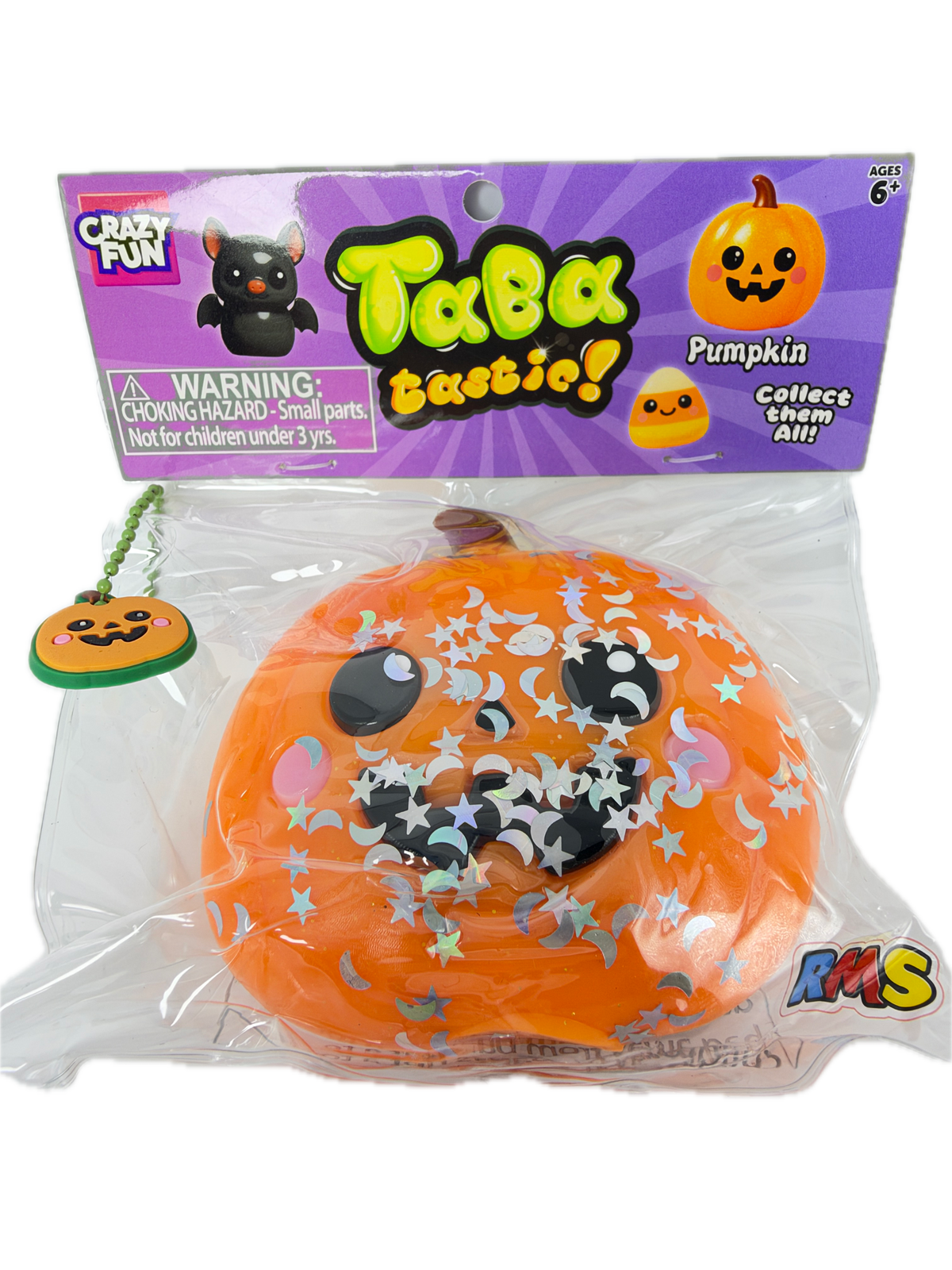 An orange squishy pumpkin toy in clear plastic packaging next to its purple retail card, featuring a carved pumpkin face, black cat eyes, and silver star glitter.