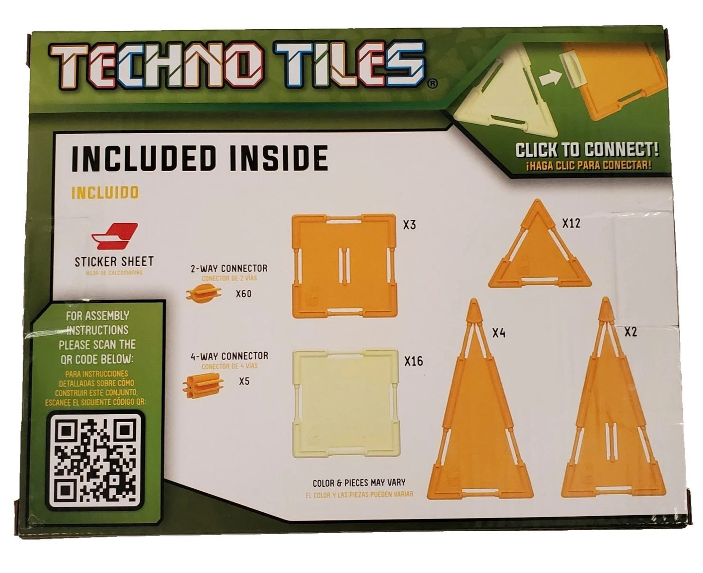 Packaging of Techno Tiles with component illustrations and QR code.