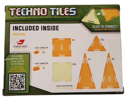 Packaging of Techno Tiles with component illustrations and QR code.
