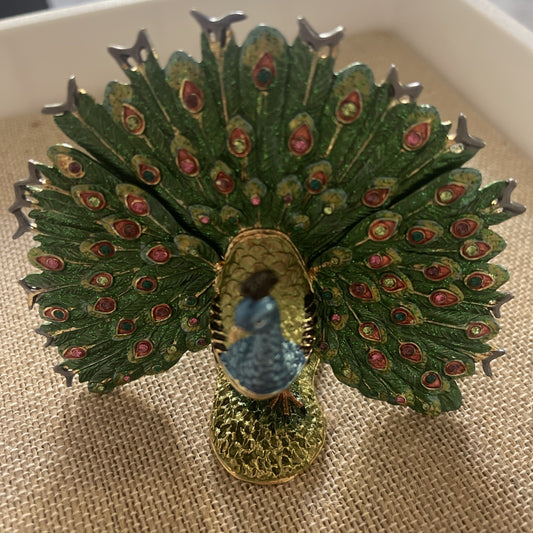Rucinni Pewter Bejeweled & Enameled Peacock Trinket Box 3” X 4” Magnetic Closure
