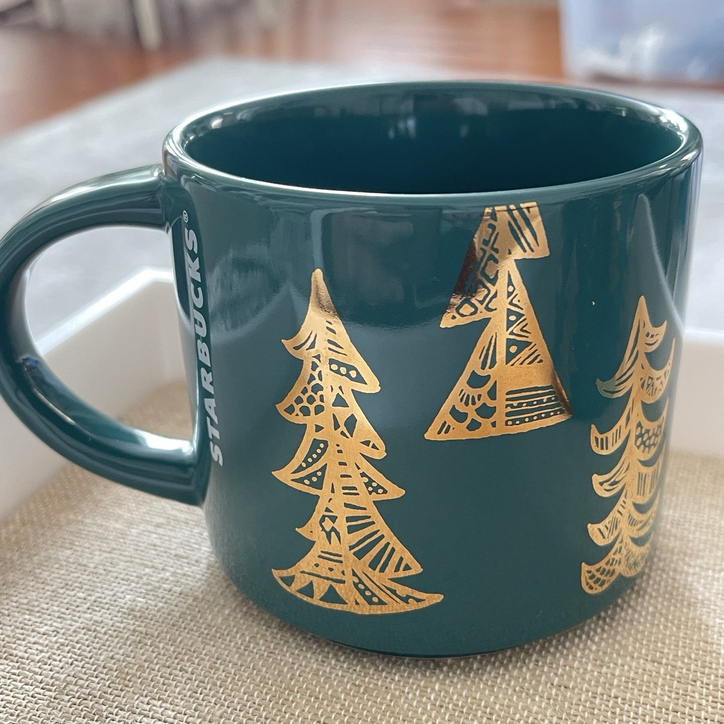 Starbucks 2015 Green & Gold Trees Christmas Holiday Mug 14oz - Limited Edition