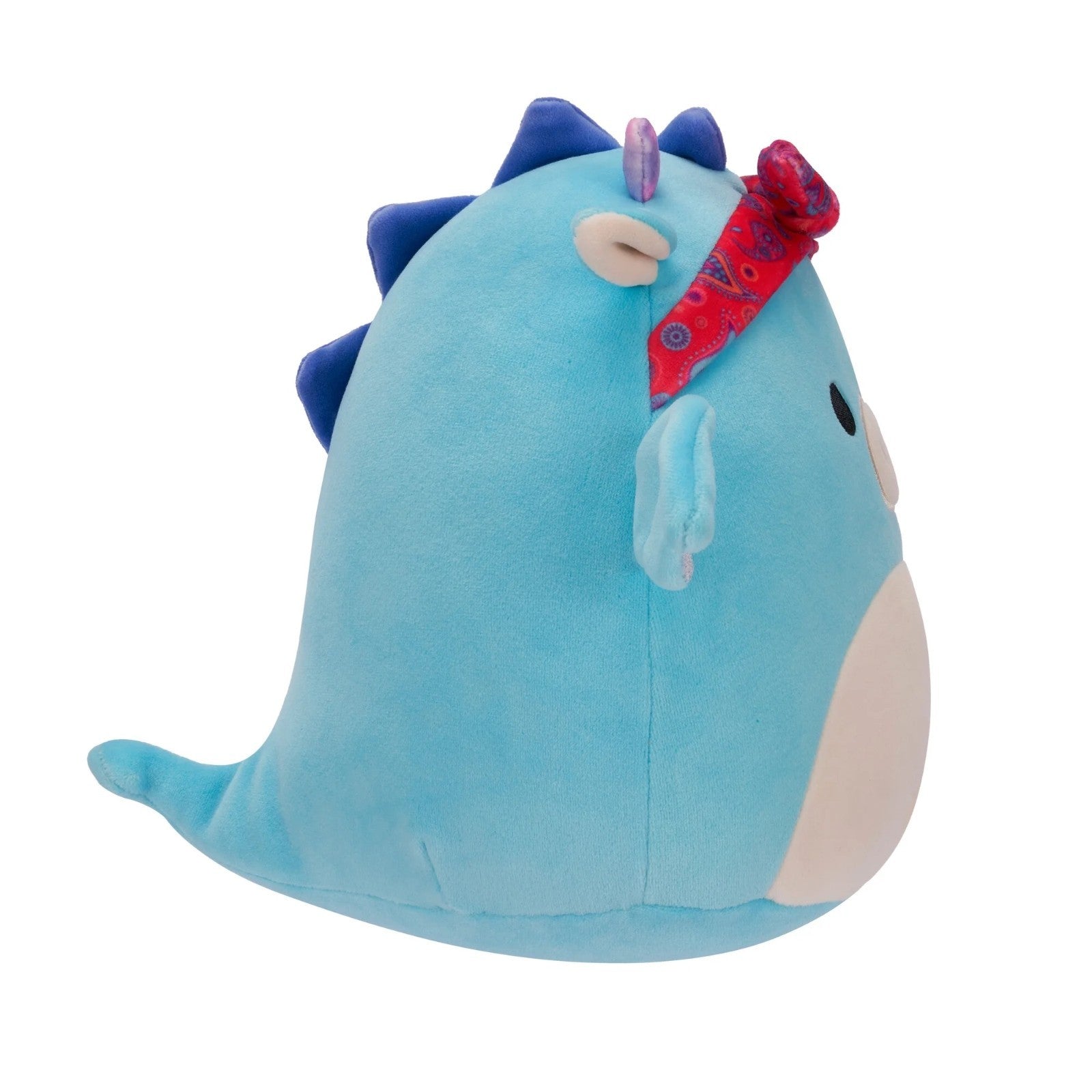 Blue plush toy with a red bow on a white background