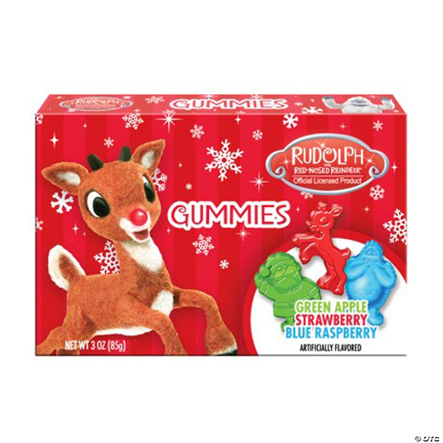 Box of Rudolph the Red-Nosed Reindeer gummies with a red background and snowflake patterns.