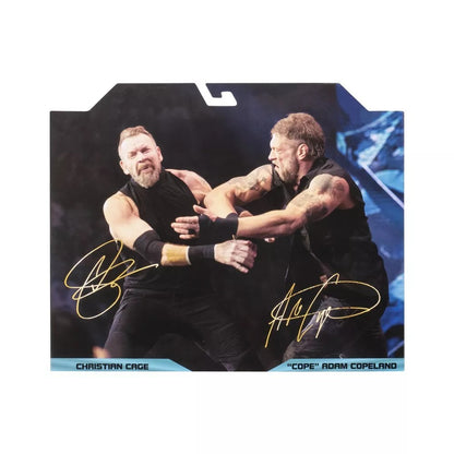 Two muscular individuals in black outfits with signatures, likely wrestlers, on a dark background.