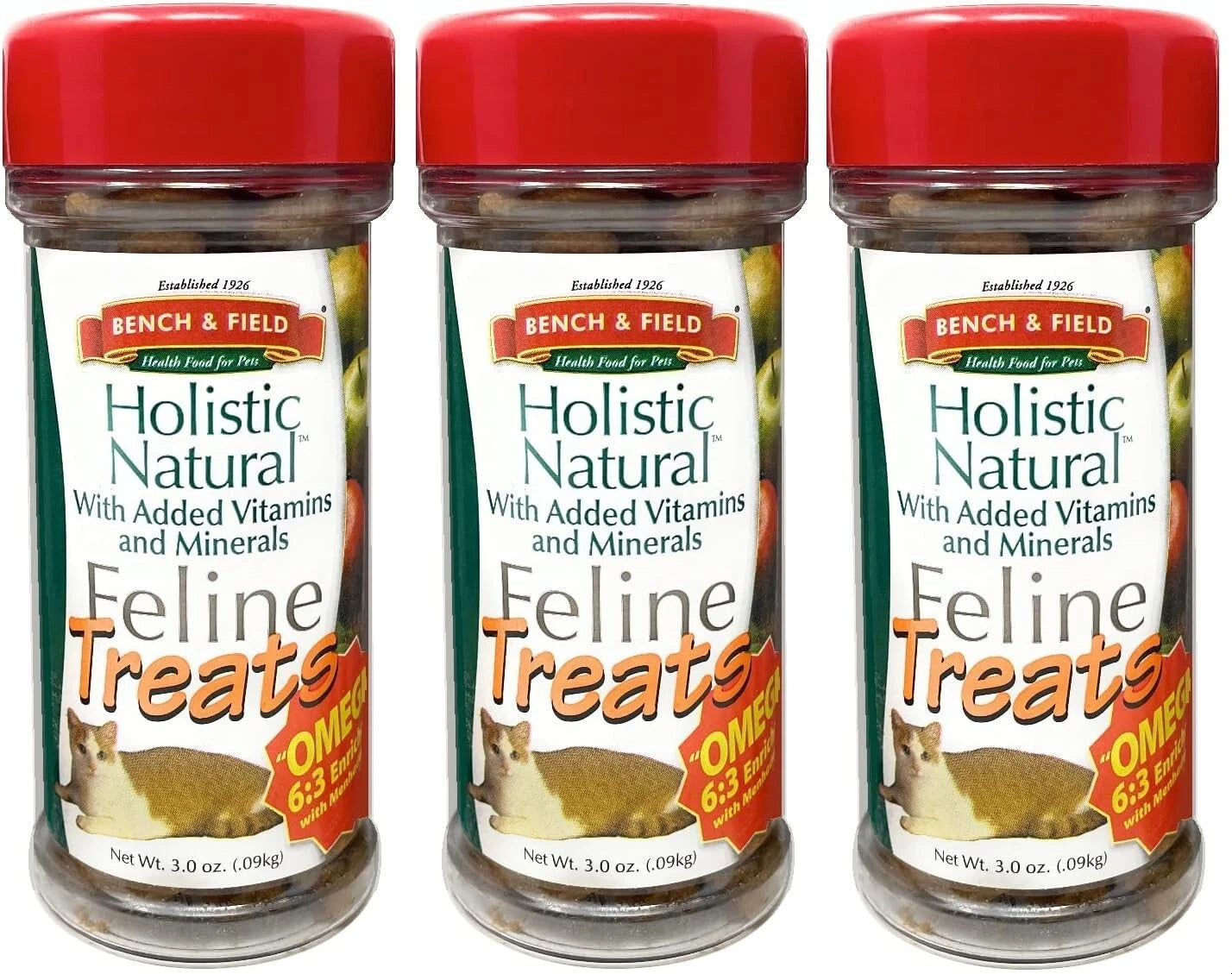 Three bottles of Bench & Field Holistic Natural Feline Treats with red lids.
