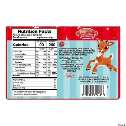 Nutrition facts label for Rudolph the Red-Nosed Reindeer candy with a cartoon reindeer on a red background.