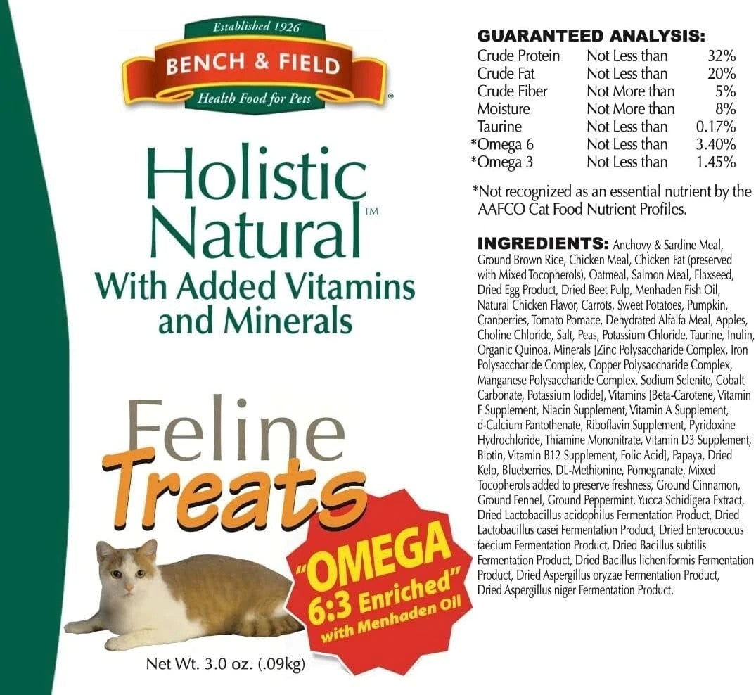Bench & Field Holistic Natural Feline Treats packaging with a cat illustration and nutritional information.