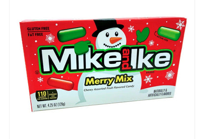 Box of Mike and Ike Merry Mix candy with a snowman design on a white background
