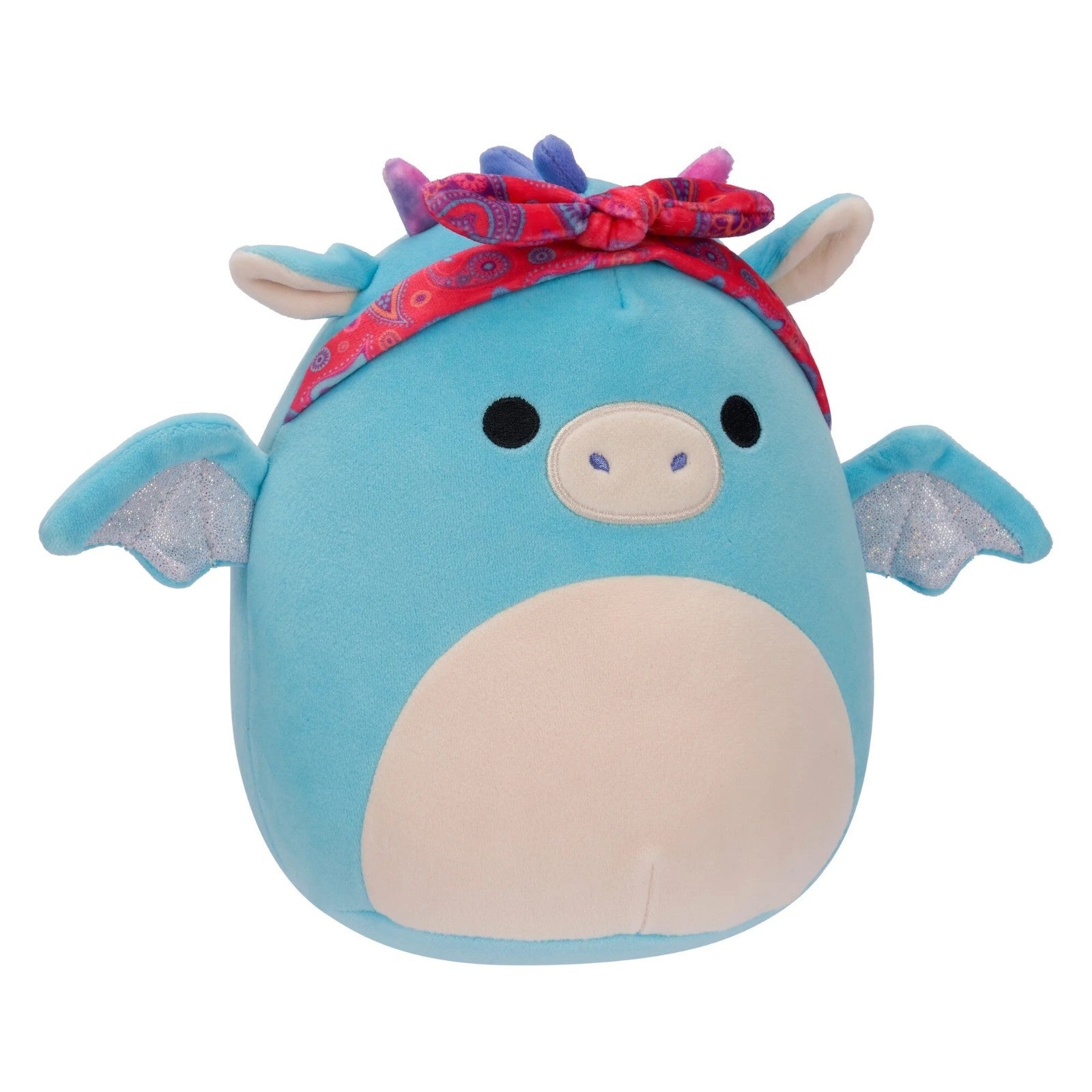 Blue plush toy with a pink headband on a white background
