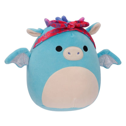 Blue plush toy with a pink headband on a white background