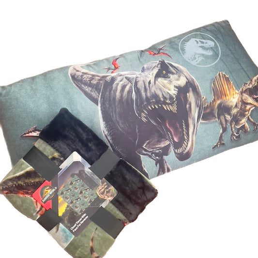 Pouch with dinosaur design featuring a Velociraptor and other prehistoric creatures.