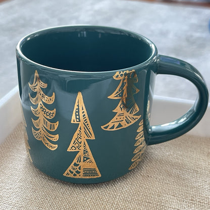 Starbucks 2015 Green & Gold Trees Christmas Holiday Mug 14oz - Limited Edition