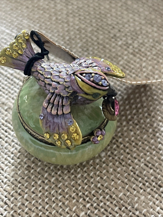 Jay Strongwater Purple & Green Enamel Bird Swarovski Pink Dangle Trinket Bx Rare