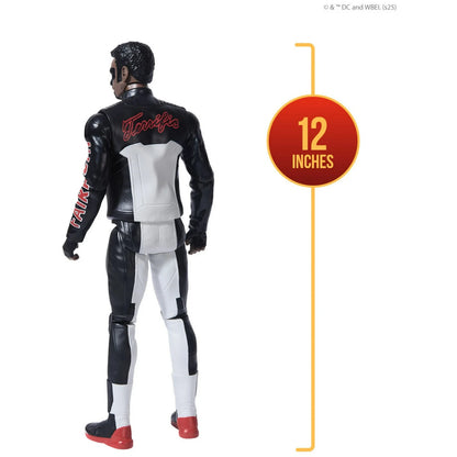 Action figure in black and white suit with red accents, standing on a white background with a measurement label indicating '12 inches'.