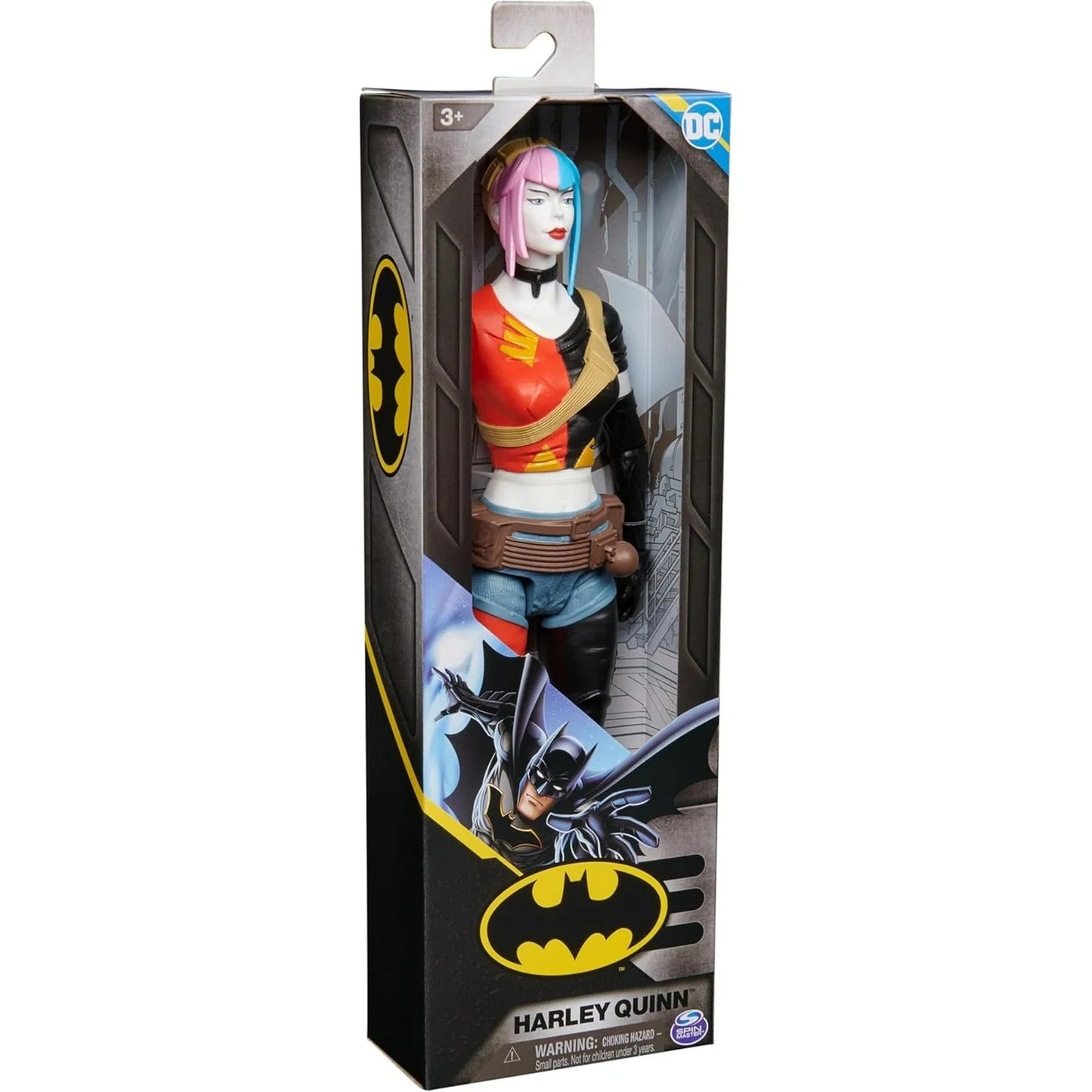 Boxed Harley Quinn action figure with Batman logo on a white background