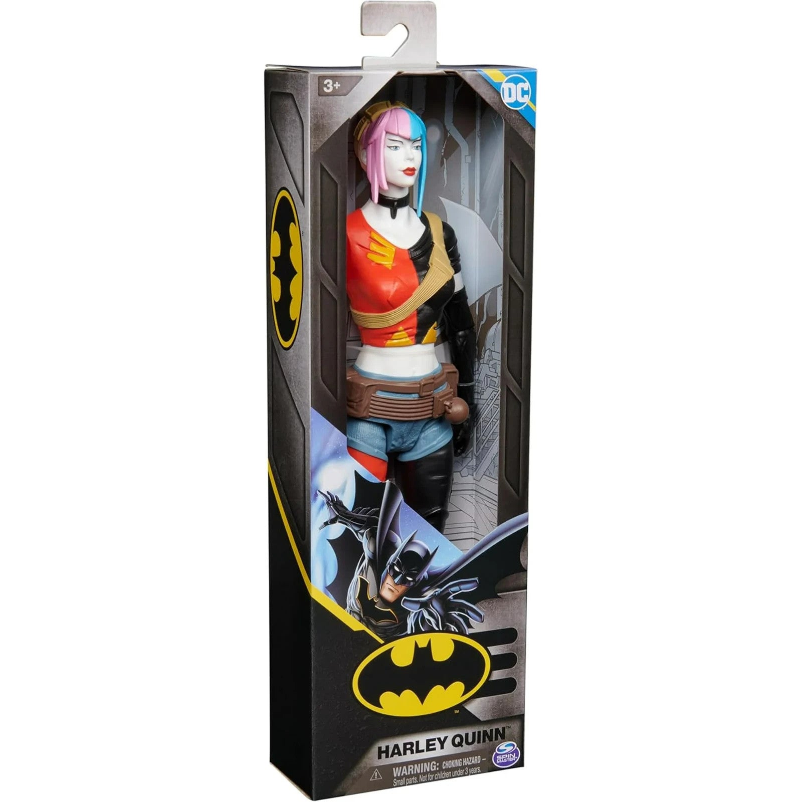 Boxed Harley Quinn action figure with Batman logo on a white background